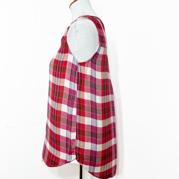 Lucky Brand Colorful Plaid Sleeveless Buttondown Tunic Top, Red Pink White - Picture 3 of 10